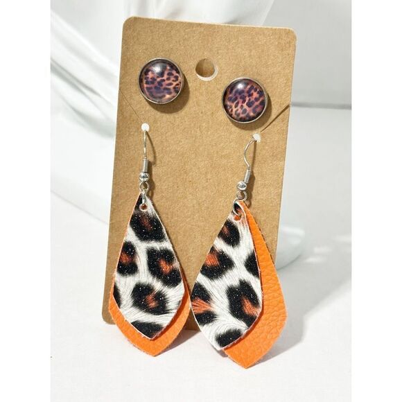 Leopard Print Vegan Leather Dangle &‎ Leopard Stud Earrings Orange 2 Pairs Set - Picture 1 of 7